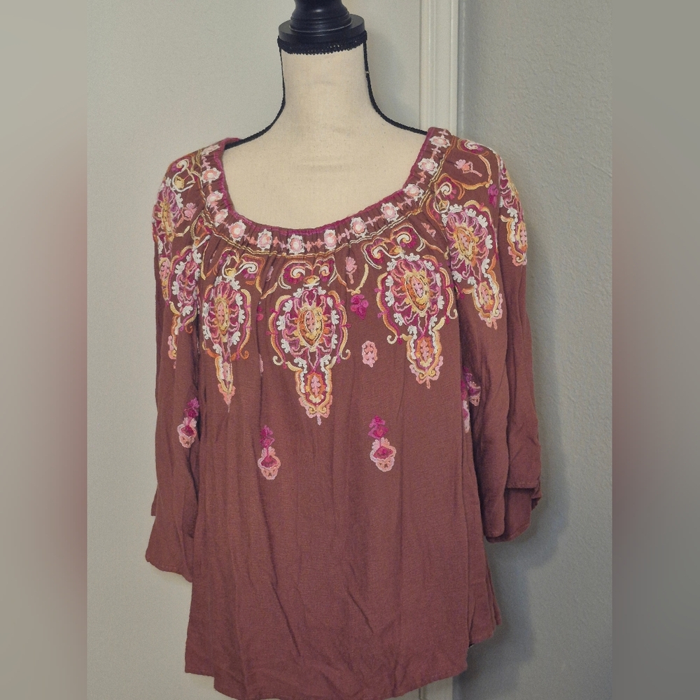 Plus Size Embroidered Brown Women's Top
